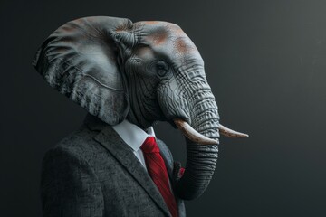 Anthropomorphic elephant in a suit. Metaphor for a Republican politician in the US Congress. Backdrop