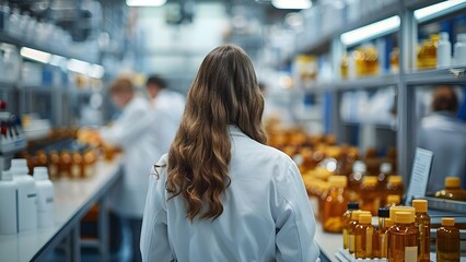 Workers in lab coats oversee pharmaceutical production in a factory setting. Concept Pharmaceutical Production, Lab Coat Workers, Factory Setting - obrazy, fototapety, plakaty