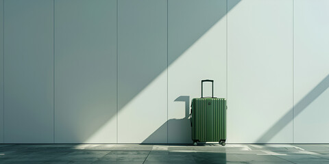 Green suitcase on the wall with a plant background commercial photography editorial minimalist editorial photo of a green suitcase set against white backdrop, framed by lush green plants