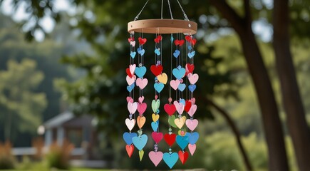 A wind chime adorned with heart-shaped ornaments, creating a delightful and soothing visual and auditory experience.