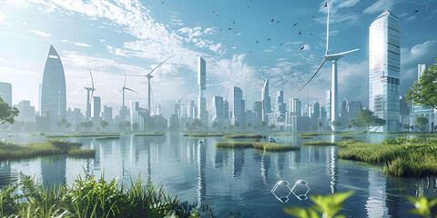 Futuristic environmentally friendly power plant of the future Scenic View of a Serene River Flowing Through a Vibrant Green City with Majestic Wind Turbines 