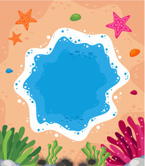 frame ocean banner poster with algae, fish, coral, sea urchin and starfish stingrays