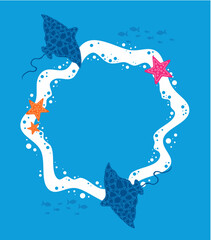 ocean sea frame banner poster with  fish, starfish, manta rays