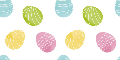 Cute illustration with colorful Easter eggs with watercolor texture, spring banner