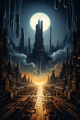 Infuse elements of Surrealism into a futuristic cityscape amidst rolling hills at twilight