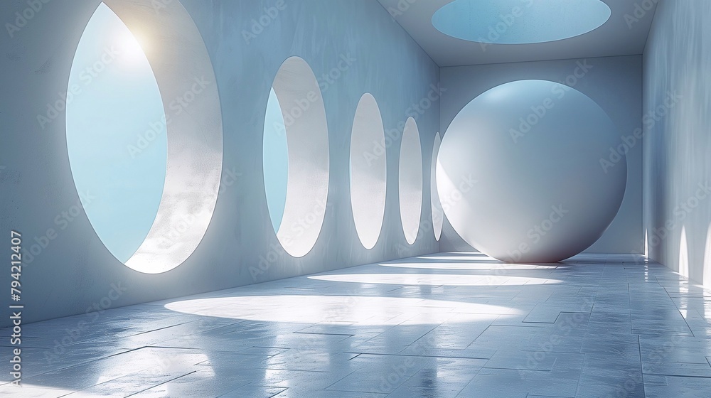 Poster abstract 3d image of a room with round windows and a large ball in the middle