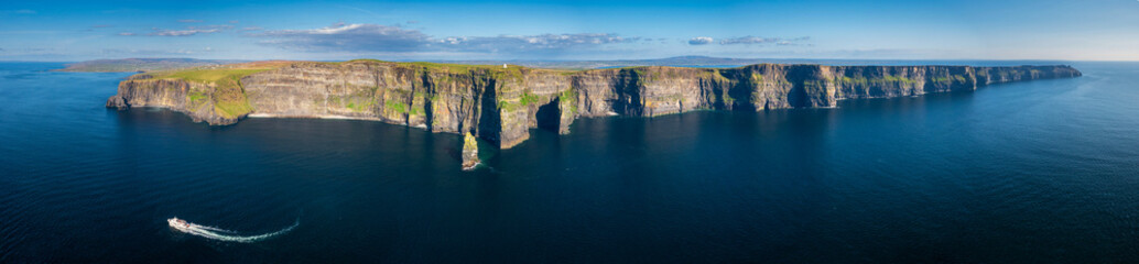Aerial panorama with the Cliffs of Moher in County Clare, Ireland.