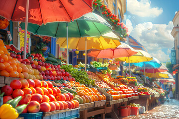 Vibrant Summer Market Scene: Colorful Stalls Selling Fresh Fruits and Vegetables