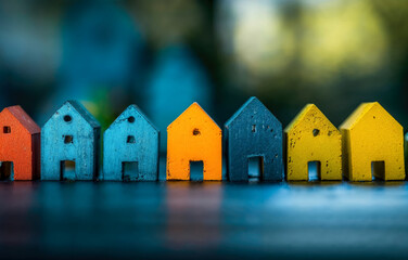 Row of colorful house model miniatures, in red, blue, orange & yellow with a green bokeh background

