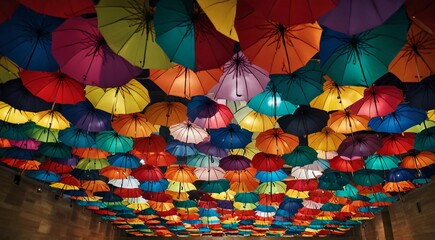  Colorful umbrellas hanging from ceiling, creating vibrant display. - Powered by Adobe