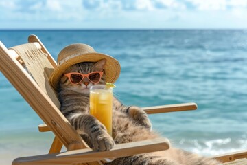 Funny cat wearing sunglasses and beach hat relaxing sitting on deckchair with orange juicy cocktail