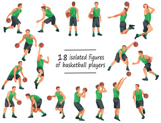 18 basketball players in green uniforms standing with the ball, running, jumping, throwing, shooting, passing the ball