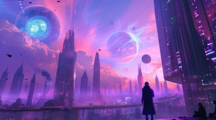 Spectacular epic magical futuristic background in last century style.