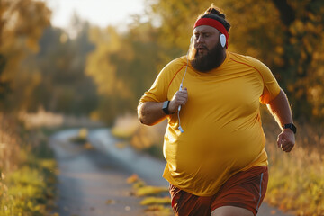Fototapeta premium In the soft dawn light, an overweight man in his thirties dons yellow running gear and a red headband, with headphones and earpods in place, as he earnestly jogs along a tranquil country road, embarki