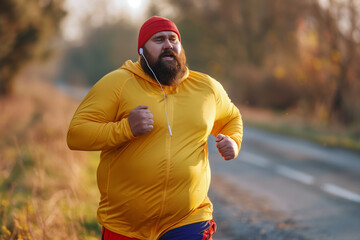 Fototapeta premium In the early light of dawn, an overweight man in his thirties, dressed in yellow running gear and a red headband, listens to music through headphones and earpods as he jogs along a tranquil country ro