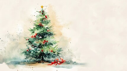 Greeting card with place for text with beautiful decorated watercolor christmas tree.