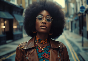 In a wide shot reminiscent of the 1970s style, a black woman with an afro wears glasses, a brown leather jacket, and a colorful shirt, standing confidently on a London street, looking directly at the  - Powered by Adobe