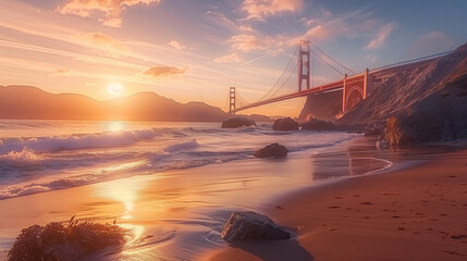 Golden Gate Bridge in San Francisco, California at dawn, with beach and cliffs in front. Setting sun