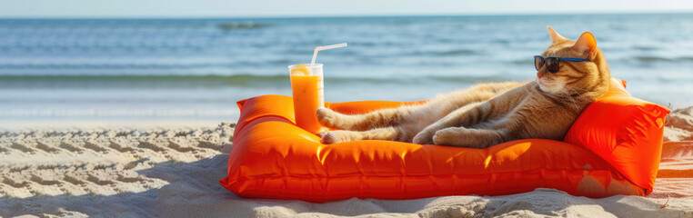 Funny cat in sunglasses relaxing lying on inflatable mattress with orange juicy cocktail