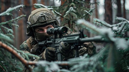 Soldier with a gun equipped with an optical sight concealed among spruce branches in a forest area