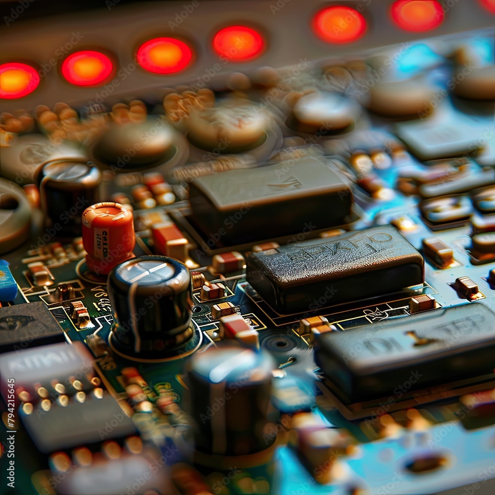 Poster a close up of a circuit board with red lights in the background.