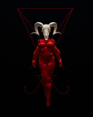 Lucifer red woman white goat skull voluptuous demon devil black magic symbol black background 3d illustration render digital rendering	 - 794215815