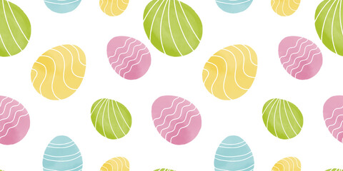 Cute illustration with colorful Easter eggs with watercolor texture, spring banner