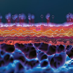 A cross-section of a plant leaf, showing the various layers of cells that make up the leaf. - obrazy, fototapety, plakaty