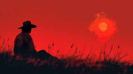 Concept of rural simple life with a farmer looking into the horizon and wearing a straw hat. Hand drawn style modern illustration.