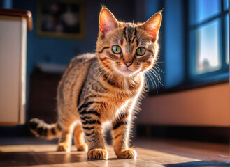 close up photo of cute little cat. cat looking sharp at the camera with blur background