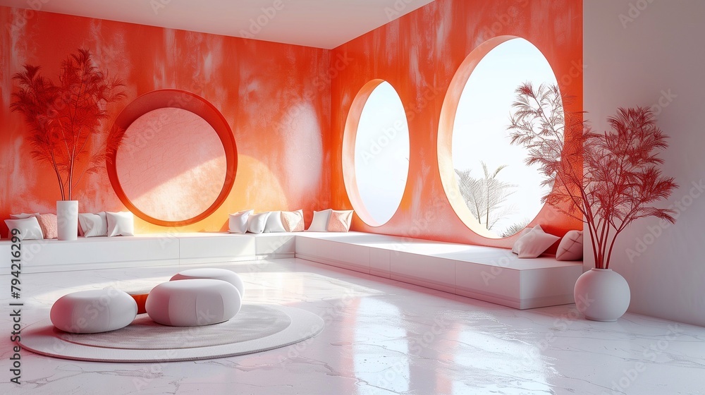 Poster abstract 3d image of a room with round windows and seating areas
