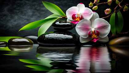 Fototapeta na wymiar zen stones on a background of water and bamboo and orchid flowers. Generative AI,