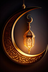 Luminaire in the shape of a golden crescent and an Arabic pendant lamp for the Islamic holiday of Ramadan. Generative AI,