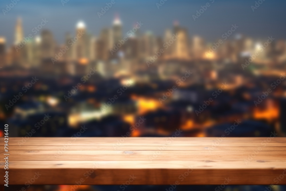 Poster the empty wooden table top with blur background of cityscape. exuberant image. generative ai
