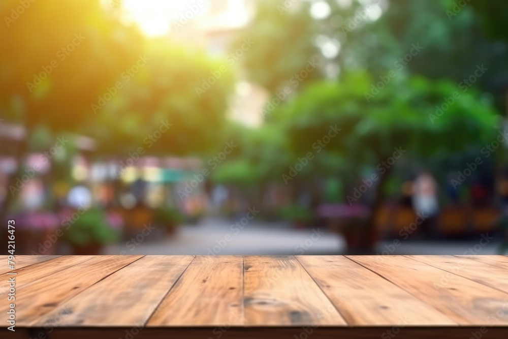 Poster the empty wooden table top with blur background of outdoor cafe. exuberant image. generative ai