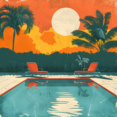 Water in rectangular pool, palm trees in orange moonlight - obrazy, fototapety, plakaty
