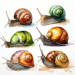 Watercolor Snails Illustration, Generative Ai