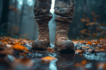Military boots on wet autumn leaves