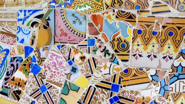 Closeup of colorful Barcelona mosaic tiles detail