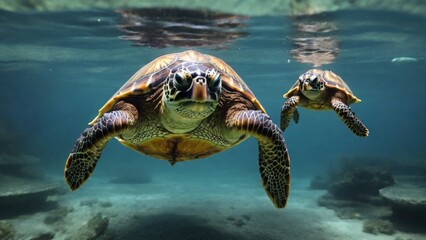 a large and a small turtle swims underwater - 794217023