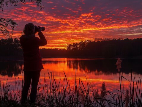 A woman is taking a picture of a sunset over a lake. The sky is orange and the water is calm