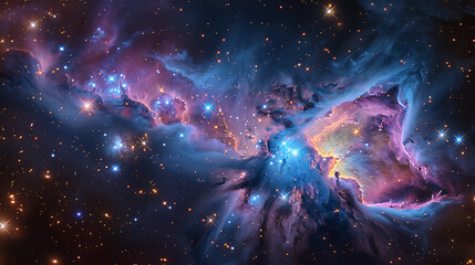 Visualize a deep space scene with a focus on a stunning nebula spreading across the cosmos.
