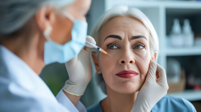 Senior woman getting injection on face for charming aged, receiving filler injection. Cosmetic surgery