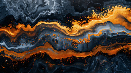 Visualize a dynamic and abstract acrylic pour painting using a high-contrast color scheme of black, white, and gold. - obrazy, fototapety, plakaty