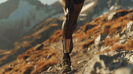 Man with prosthetic legs, an athlete runner runs along rocky path in mountainous area, close-up of man's legs. Active lifestyle concept with disability, movement and persistence, adventure and travel