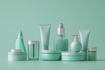 A collection of green beauty products are displayed on a table - obrazy, fototapety, plakaty