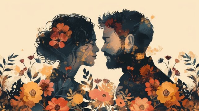This modern illustration depicts a married couple with floral decorations. It is hand drawn in a style that is similar to graphic design.