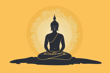Black silhouette of buddha in lotus position on yellow background