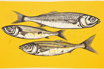 Sardines drawn in pencil on a yellow background and space for text, design for the interior of canned food or banners in fish production