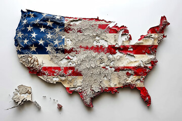 Distressed cracked and dirty Map of united states with the American flag colors on white background. 